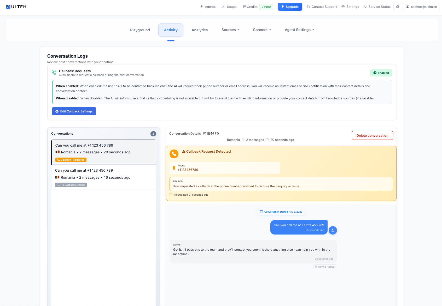 Přehled karty 'Aktivita'